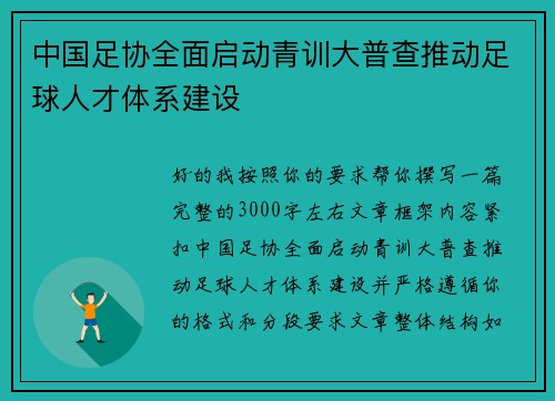 中国足协全面启动青训大普查推动足球人才体系建设